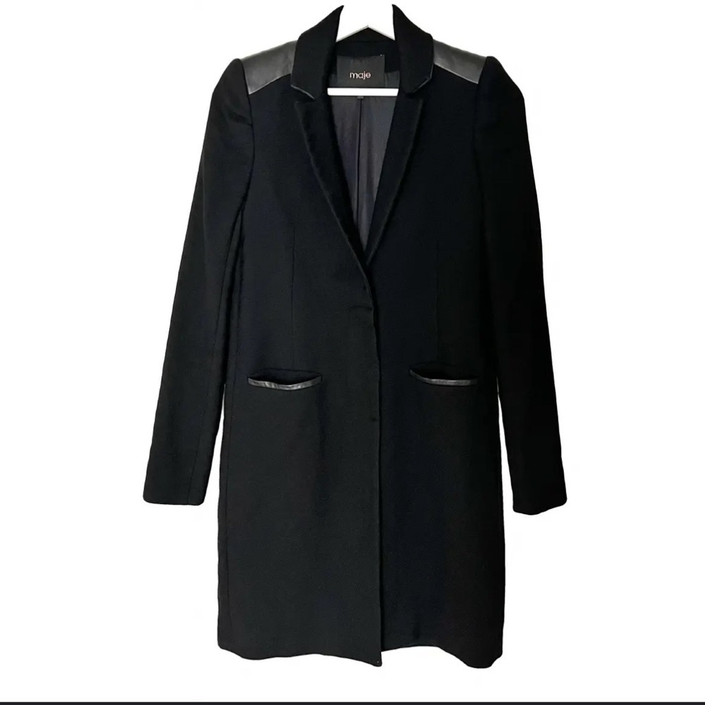 Maje Black Wool Trench Coat w/Black Leather details on Shoulders and Trim